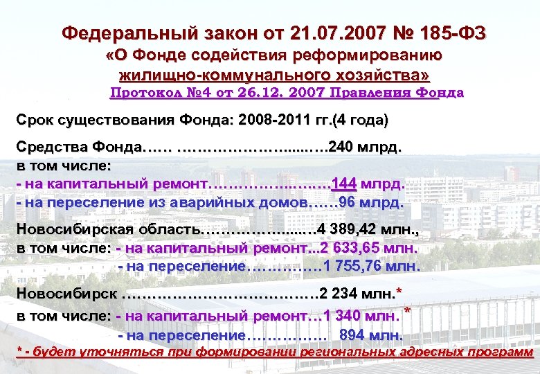 Федеральный закон от 21. 07. 2007 № 185 -ФЗ «О Фонде содействия реформированию жилищно-коммунального