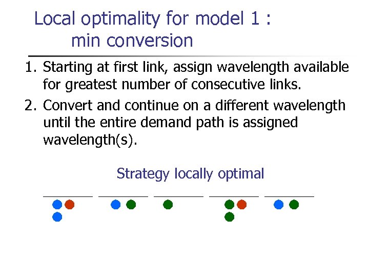 Local optimality for model 1 : min conversion 1. Starting at first link, assign