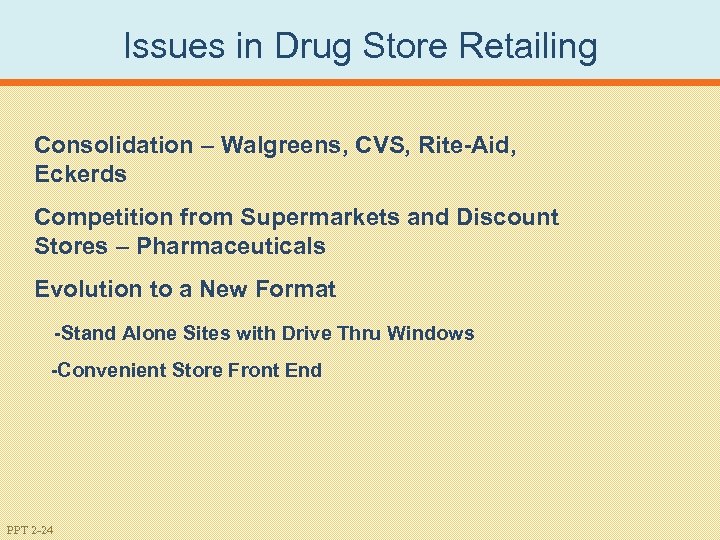 Issues in Drug Store Retailing Consolidation – Walgreens, CVS, Rite-Aid, Eckerds Competition from Supermarkets