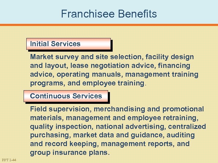 Franchisee Benefits Initial Services Market survey and site selection, facility design and layout, lease