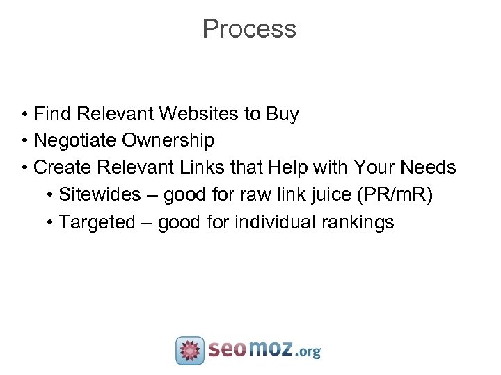 Process • Find Relevant Websites to Buy • Negotiate Ownership • Create Relevant Links