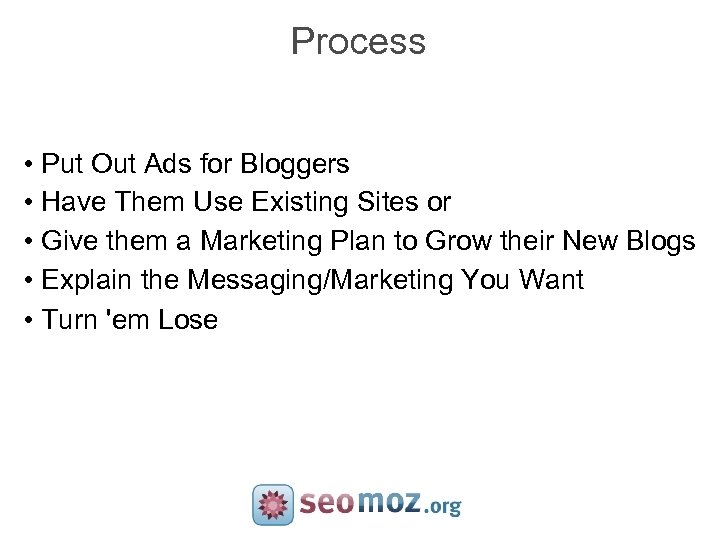Process • Put Out Ads for Bloggers • Have Them Use Existing Sites or