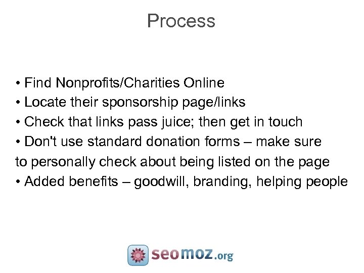 Process • Find Nonprofits/Charities Online • Locate their sponsorship page/links • Check that links