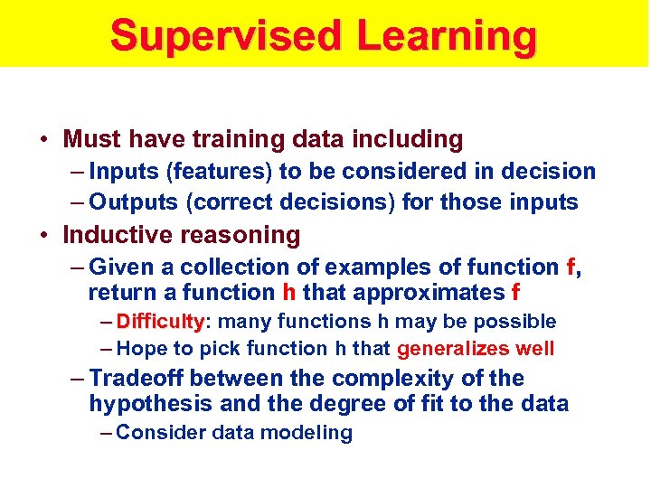 Supervised Learning • Must have training data including – Inputs (features) to be considered