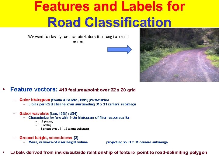 Features and Labels for Road Classification We want to classify for each pixel, does
