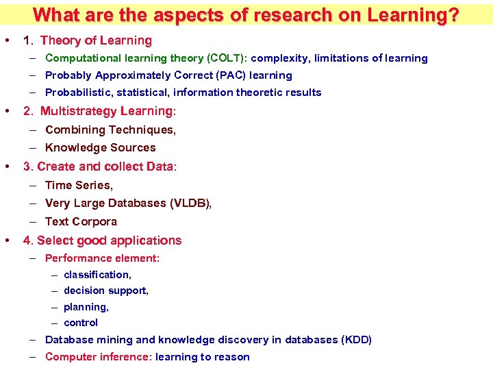 What are the aspects of research on Learning? • 1. Theory of Learning –