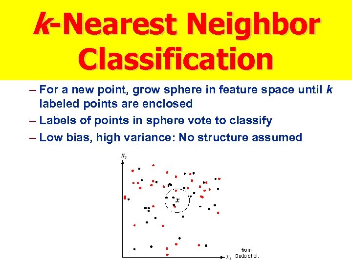 k-Nearest Neighbor Classification – For a new point, grow sphere in feature space until