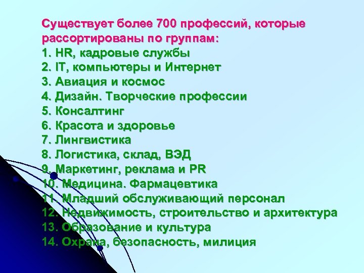 Существует более 700 профессий, которые рассортированы по группам: 1. HR, кадровые службы 2. IT,