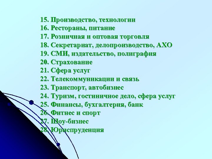 15. Производство, технологии 16. Рестораны, питание 17. Розничная и оптовая торговля 18. Секретариат, делопроизводство,