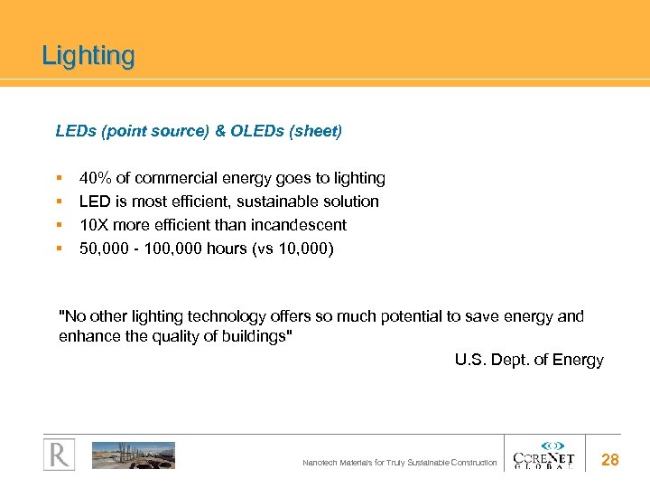 Lighting LEDs (point source) & OLEDs (sheet) § § 40% of commercial energy goes