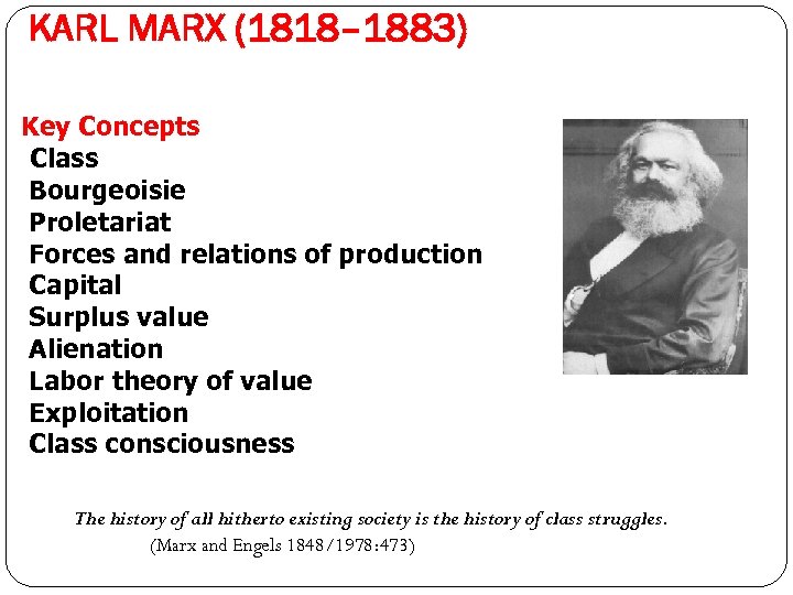 KARL MARX (1818– 1883) Key Concepts Class Bourgeoisie Proletariat Forces and relations of production