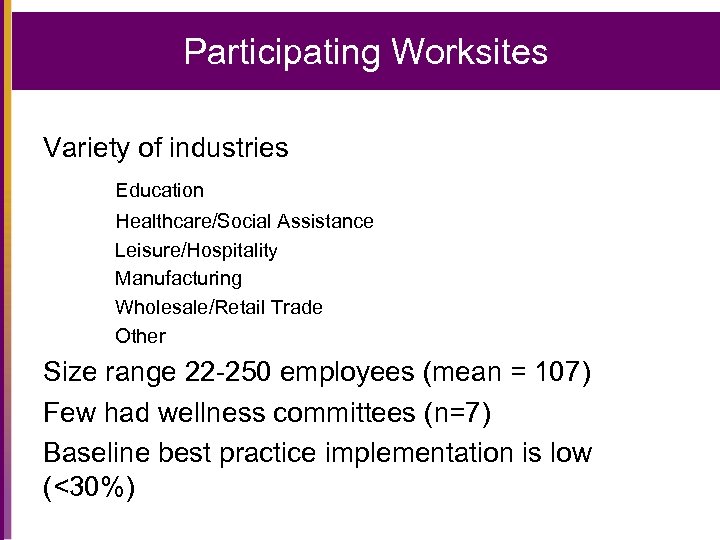 Participating Worksites Variety of industries Education Healthcare/Social Assistance Leisure/Hospitality Manufacturing Wholesale/Retail Trade Other Size