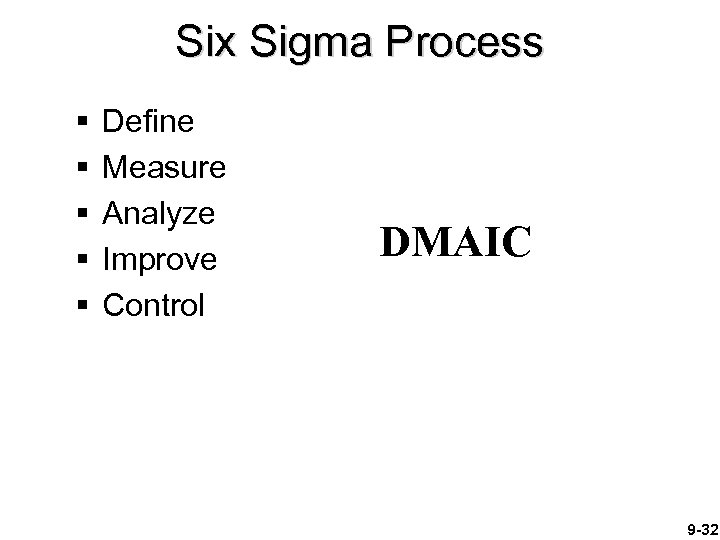Six Sigma Process § § § Define Measure Analyze Improve Control DMAIC 9 -32