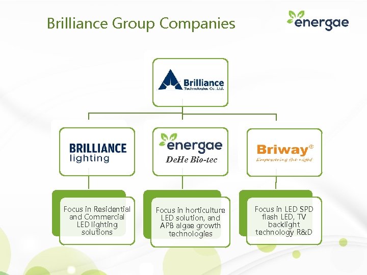 Brilliance Group Companies De. He Bio-tec Focus in Residential and Commercial LED lighting solutions