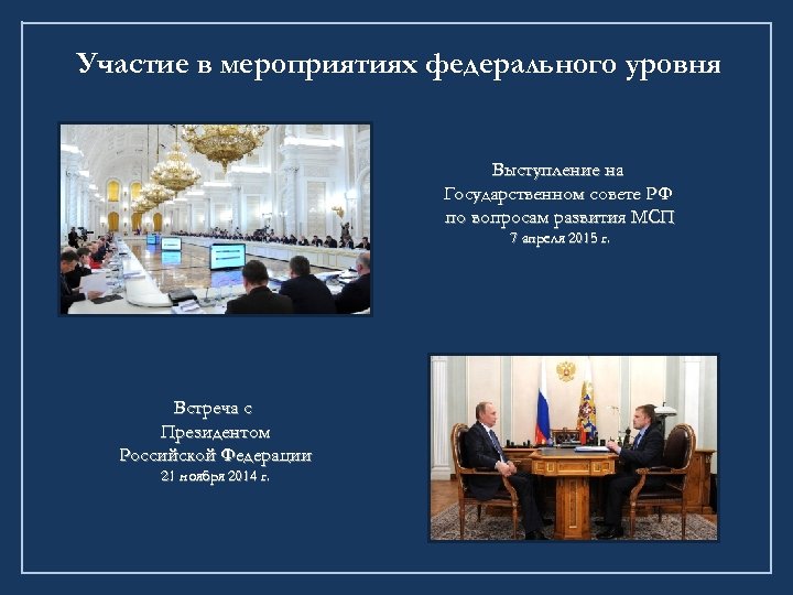 Участие в мероприятиях федерального уровня Выступление на Государственном совете РФ по вопросам развития МСП