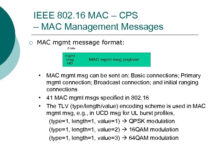 IEEE 802. 16 MAC – CPS – MAC Management Messages ¡ MAC mgmt message