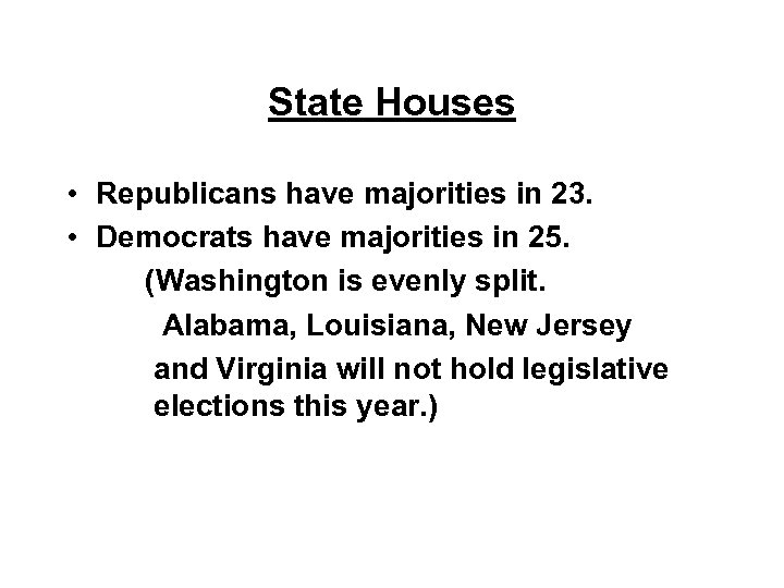 State Houses • Republicans have majorities in 23. • Democrats have majorities in 25.