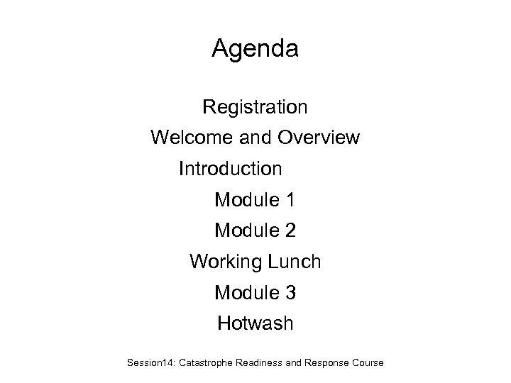 Agenda Registration Welcome and Overview Introduction Module 1 Module 2 Working Lunch Module 3
