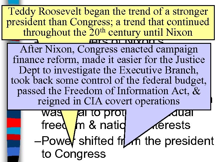 The began the trend of a stronger Teddy Roosevelt. Watergate Scandal president than Congress;