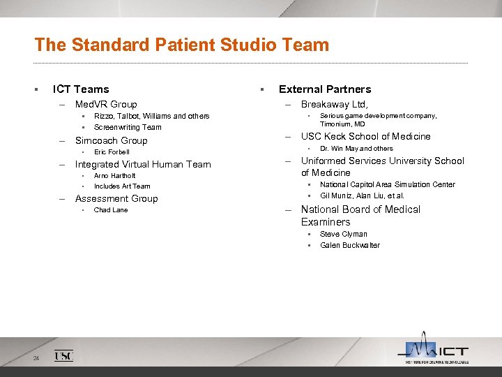 The Standard Patient Studio Team § ICT Teams – Med. VR Group § §