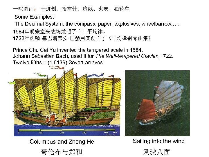 一些例证： 十进制、指南针、造纸、火药、独轮车 Some Examples: The Decimal System, the compass, paper, explosives, wheelbarrow, …. 1584年明宗室朱载堉发明了十二平均律，