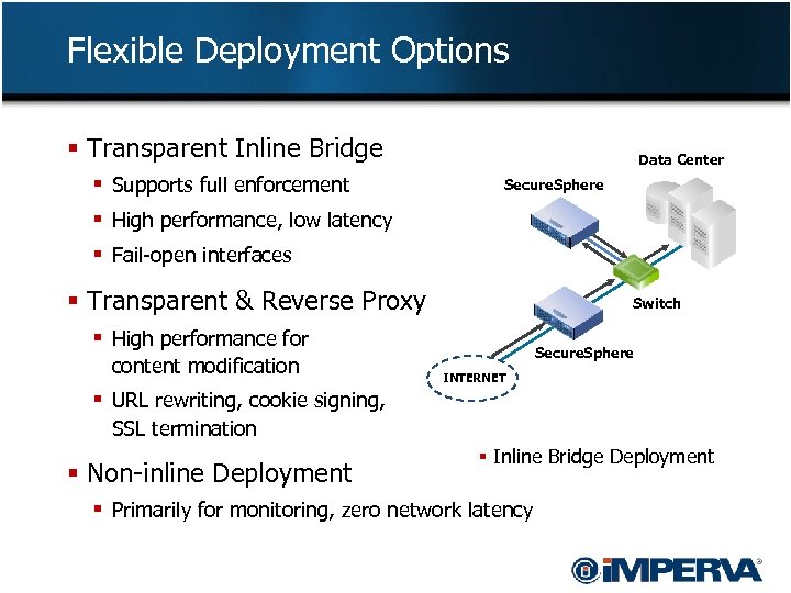 Flexible Deployment Options § Transparent Inline Bridge § Supports full enforcement § High performance,