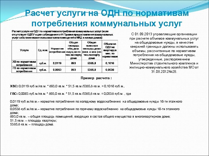 Расчет услуги на ОДН по нормативам потребления коммунальных услуг С 01. 09. 2013 управляющие
