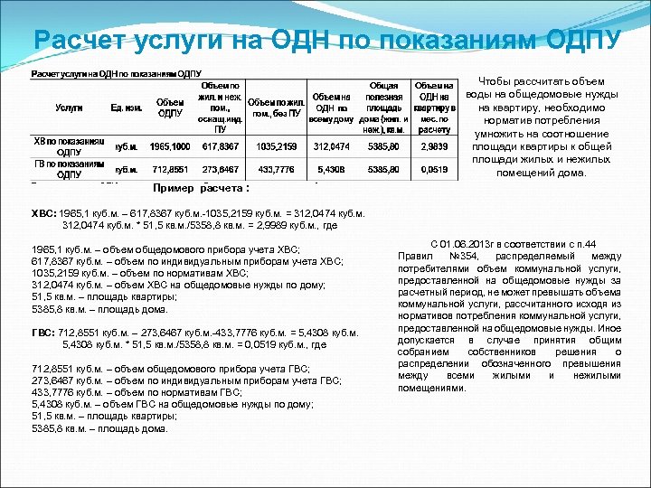 Расчет услуги на ОДН по показаниям ОДПУ Чтобы рассчитать объем воды на общедомовые нужды