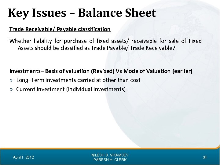Key Issues – Balance Sheet Trade Receivable/ Payable classification Whether liability for purchase of