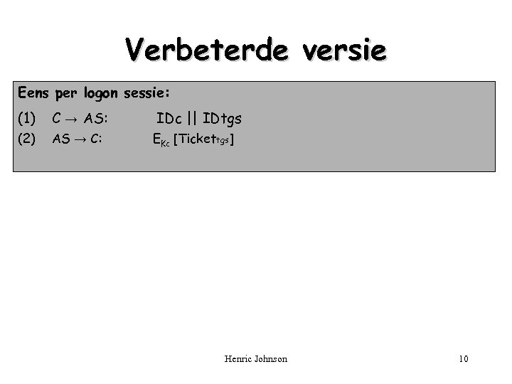 Verbeterde versie Eens per logon sessie: (1) C → AS: IDc || IDtgs (2)