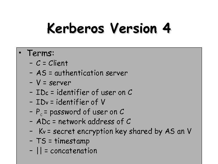 Kerberos Version 4 • Terms: – – – – – C = Client AS