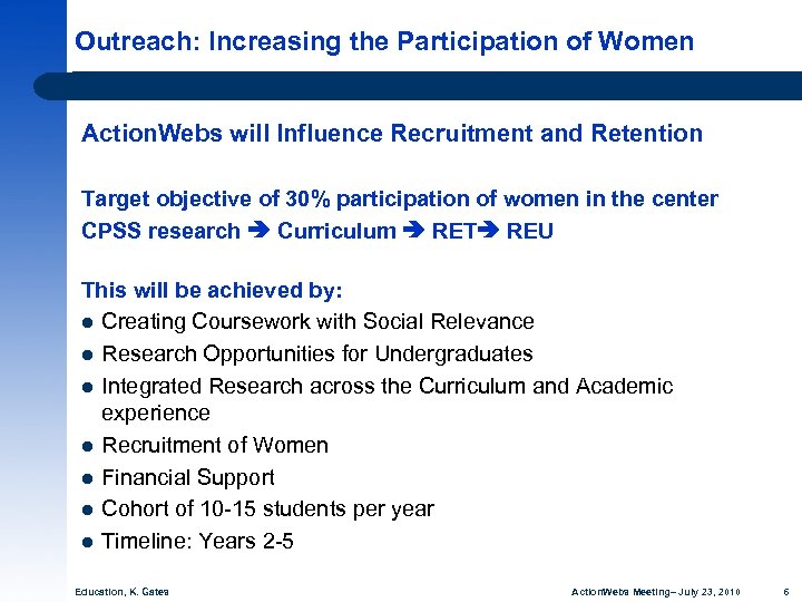 Outreach: Increasing the Participation of Women Action. Webs will Influence Recruitment and Retention Target