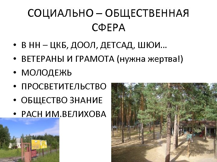 СОЦИАЛЬНО – ОБЩЕСТВЕННАЯ СФЕРА • • • В НН – ЦКБ, ДООЛ, ДЕТСАД, ШЮИ…