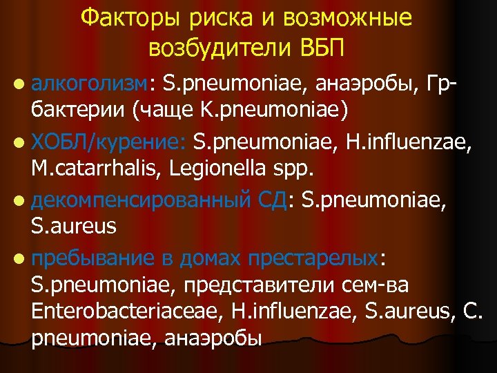 Факторы риска и возможные возбудители ВБП l алкоголизм: S. pneumoniae, анаэробы, Грбактерии (чаще K.