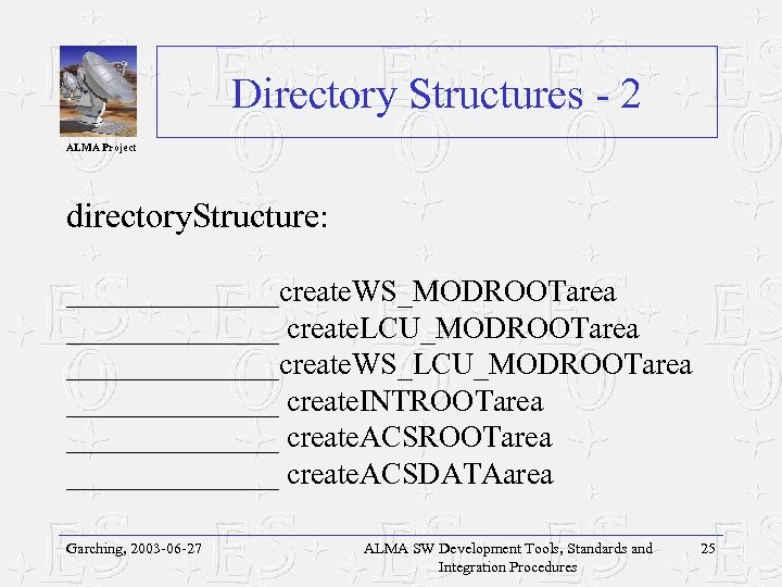 Directory Structures - 2 ALMA Project directory. Structure: _______create. WS_MODROOTarea _______ create. LCU_MODROOTarea _______create.