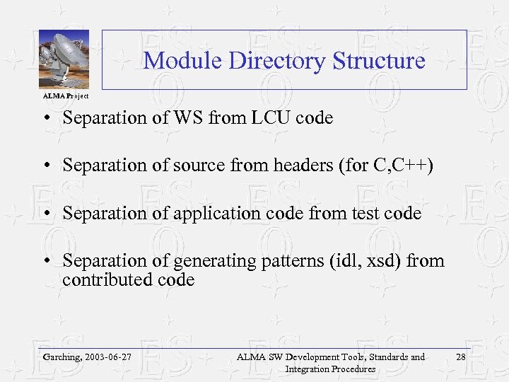 Module Directory Structure ALMA Project • Separation of WS from LCU code • Separation
