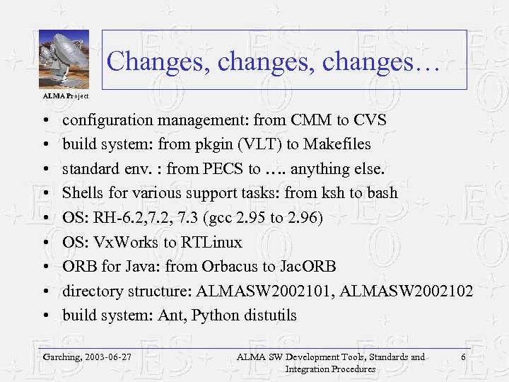 Changes, changes… ALMA Project • • • configuration management: from CMM to CVS build