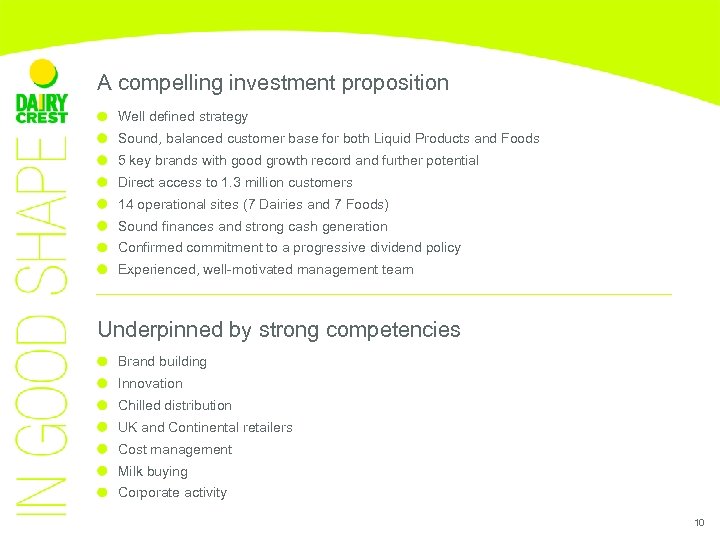 A compelling investment proposition Well defined strategy Sound, balanced customer base for both Liquid