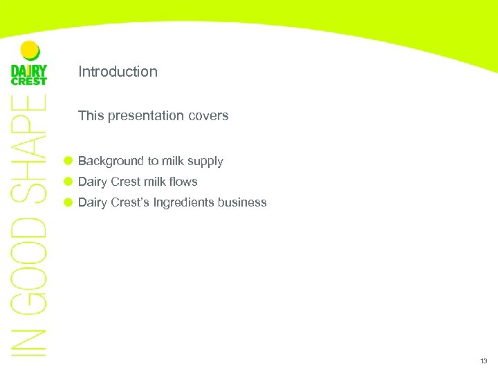 Introduction This presentation covers Background to milk supply Dairy Crest milk flows Dairy Crest’s