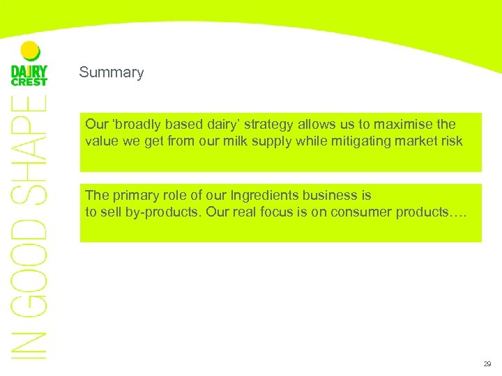 Summary Our ‘broadly based dairy’ strategy allows us to maximise the value we get