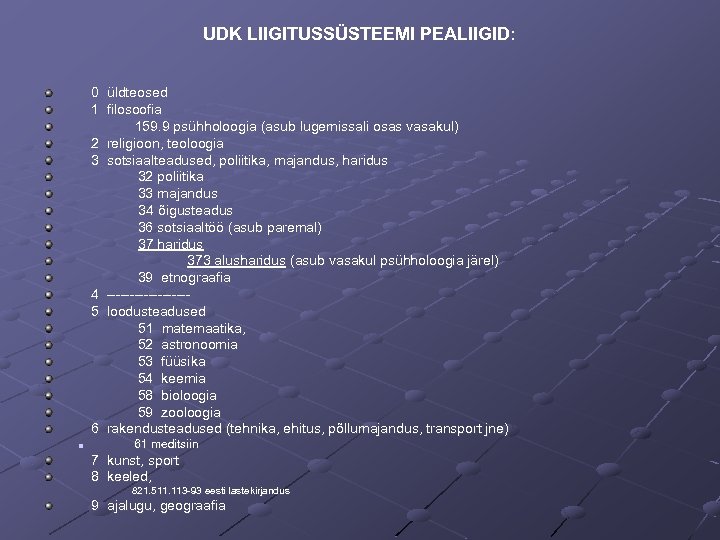 UDK LIIGITUSSÜSTEEMI PEALIIGID: 0 üldteosed 1 filosoofia 159. 9 psühholoogia (asub lugemissali osas vasakul)