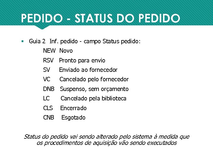 PEDIDO - STATUS DO PEDIDO § Guia 2 Inf. pedido - campo Status pedido: