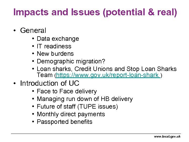 Impacts and Issues (potential & real) • General • • • Data exchange IT