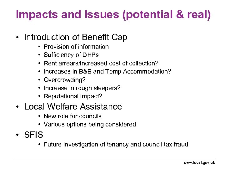 Impacts and Issues (potential & real) • Introduction of Benefit Cap • • Provision