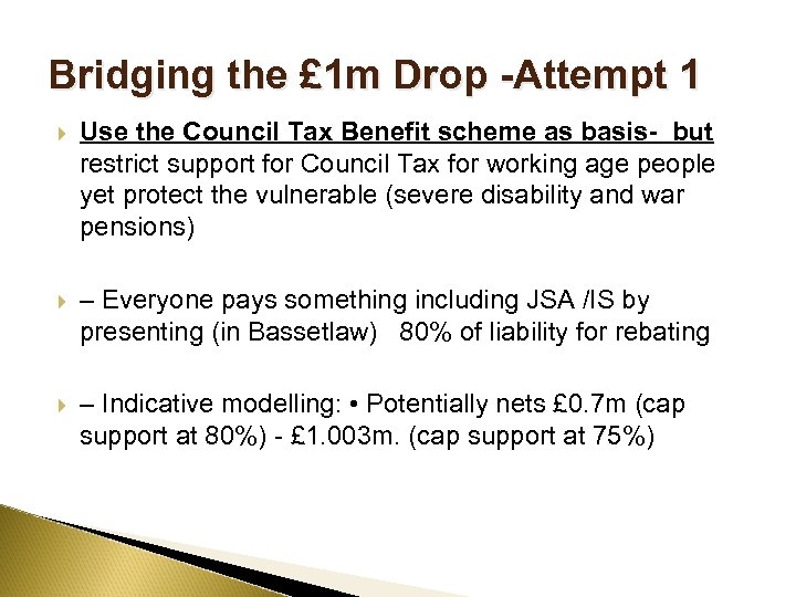 Bridging the £ 1 m Drop -Attempt 1 Use the Council Tax Benefit scheme