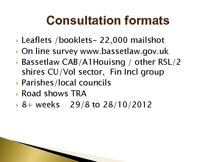 Consultation formats Leaflets /booklets- 22, 000 mailshot On line survey www. bassetlaw. gov. uk