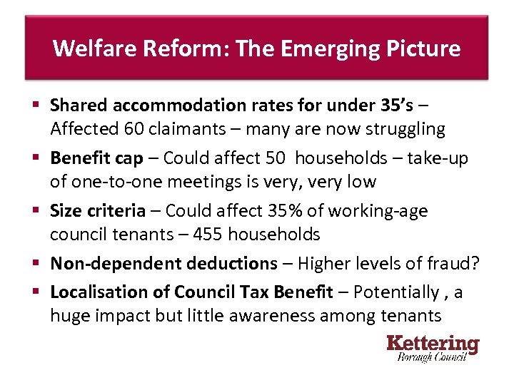 Welfare Reform: The Emerging Picture § Shared accommodation rates for under 35’s – Affected