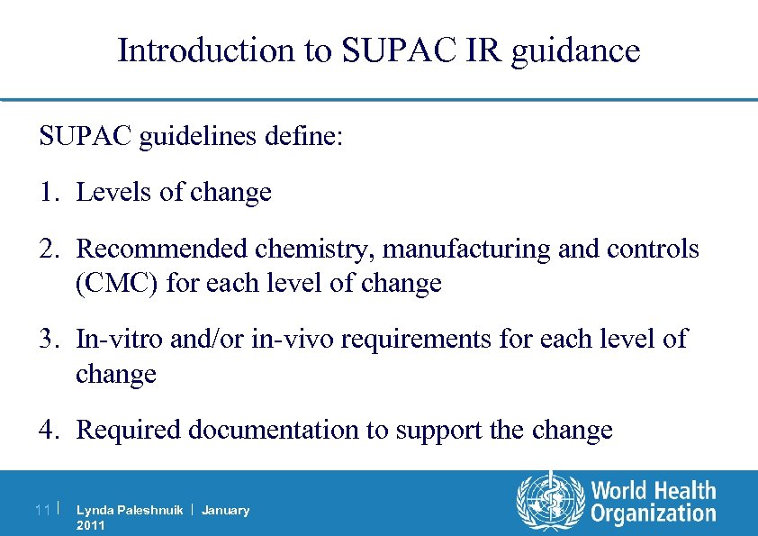 Introduction to SUPAC IR guidance SUPAC guidelines define: 1. Levels of change 2. Recommended