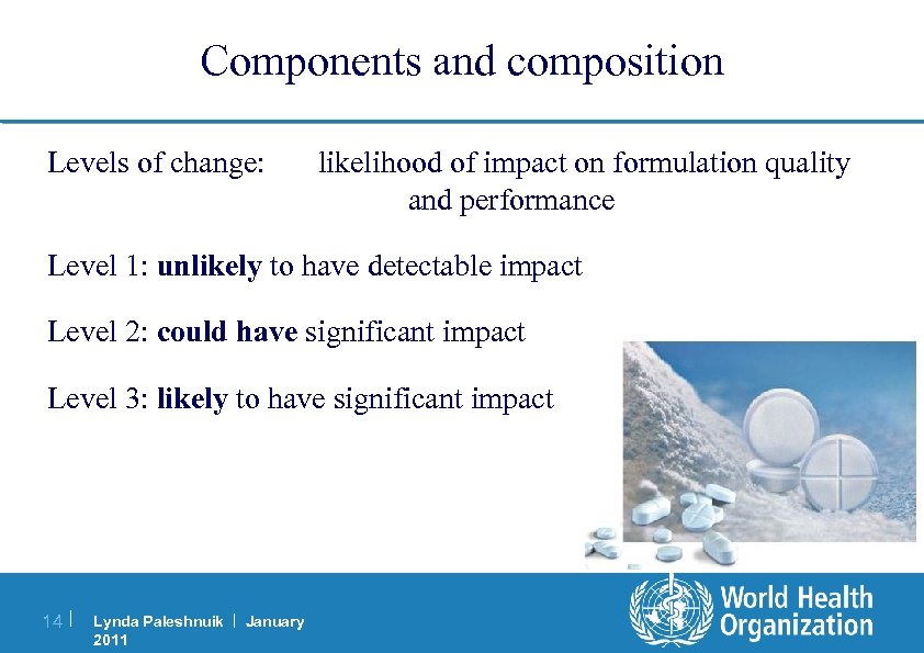 Components and composition Levels of change: likelihood of impact on formulation quality and performance