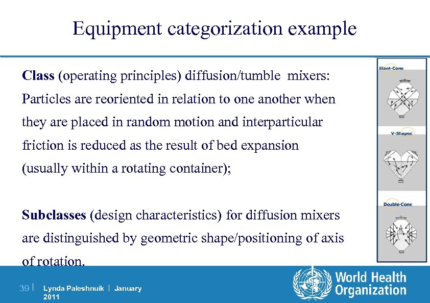Equipment categorization example Class (operating principles) diffusion/tumble mixers: Particles are reoriented in relation to